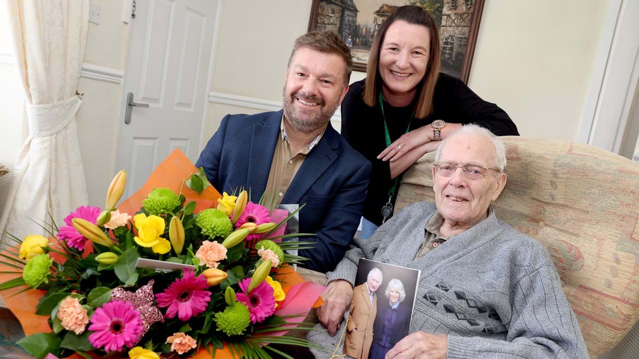 Alan Boddy (CEO) and Lyndsay Meadows (Housing Adviser) meet Joe on his 100th birthday