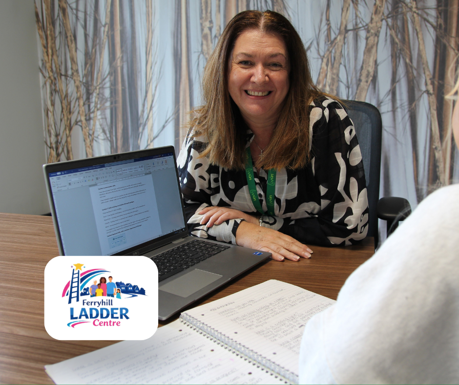 Livin futures adviser with a laptop helping a young girl 